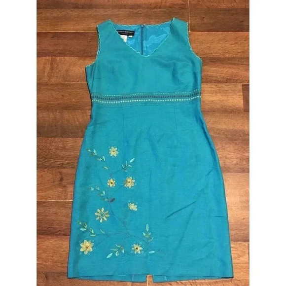 Donna Morgan Vintage Dress Sz 4P Embroidered Floral Linen Blend Zip - Picture 1 of 6